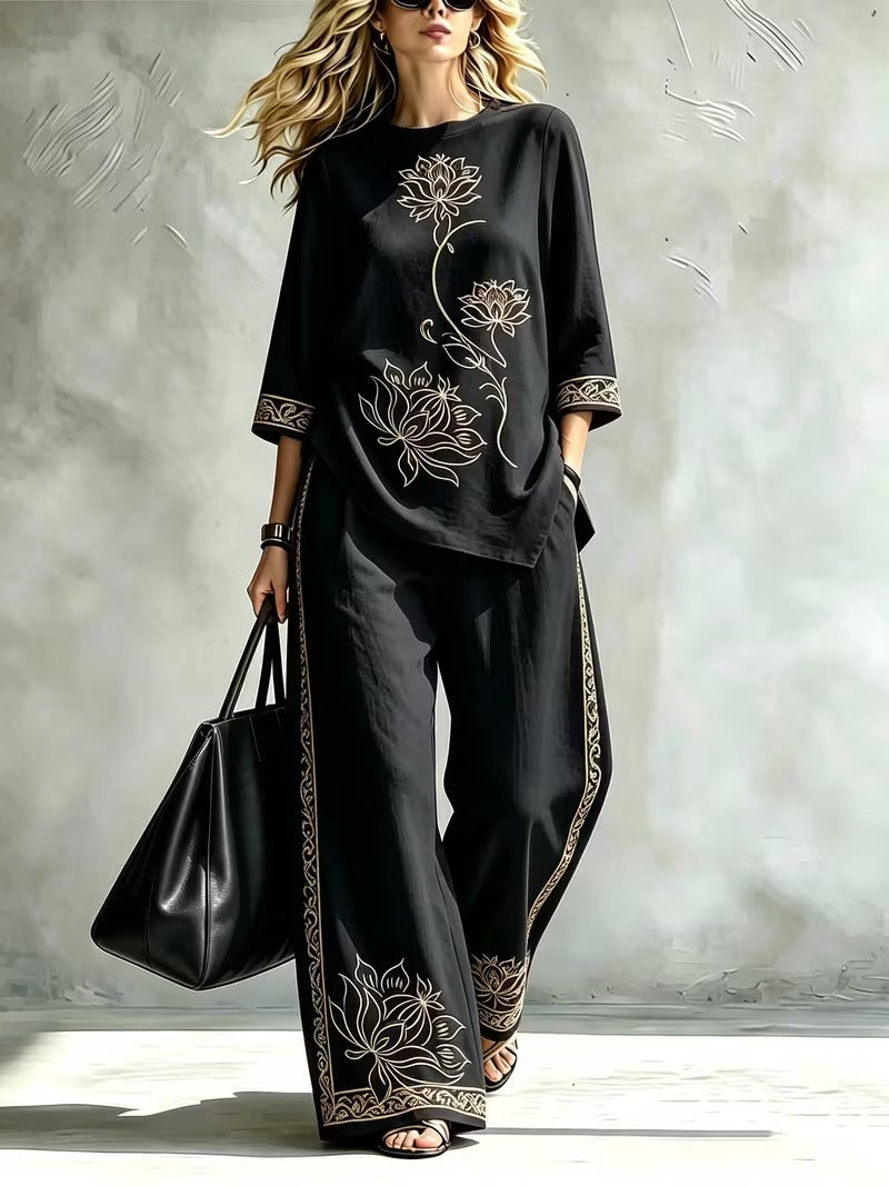 Women’s Lotus Print Round-Neck Top & Wide-Leg Pants Set