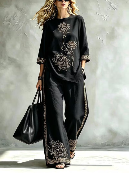 Women’s Lotus Print Round-Neck Top & Wide-Leg Pants Set