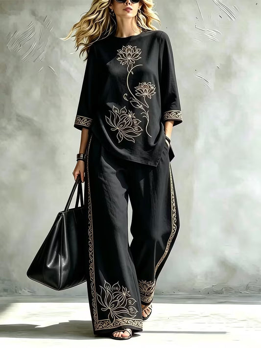 Women’s Lotus Print Round-Neck Top & Wide-Leg Pants Set