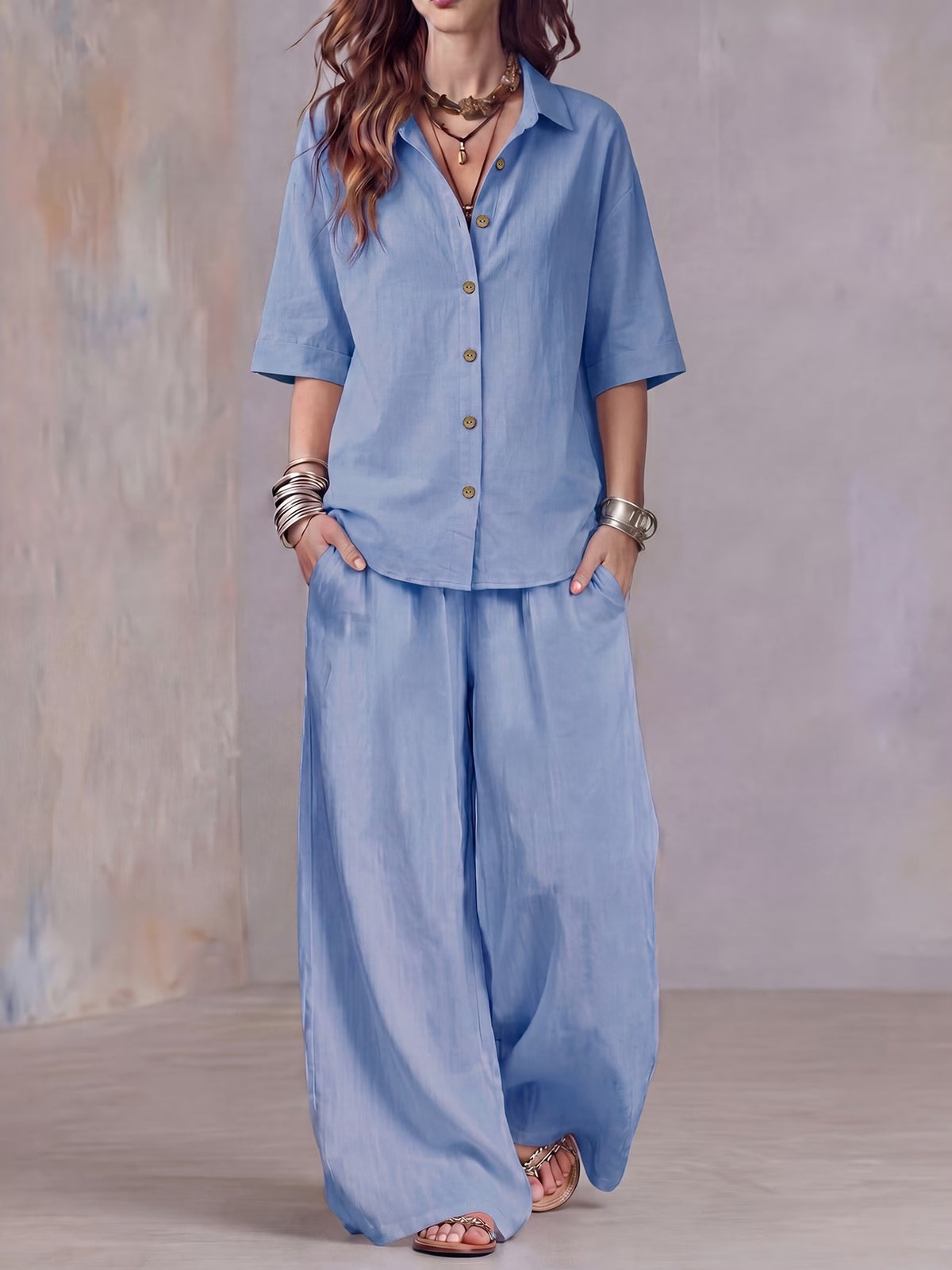 Women’s Lightweight Lapel Top & Elastic-Waist Wide-Leg Pants Set