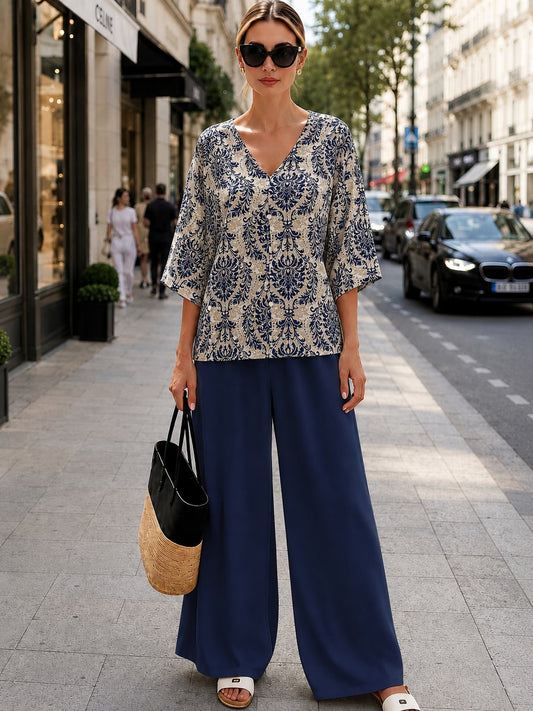 Women’s Boho Paisley Print Batwing Top & Wide-Leg Pants Co-Ord