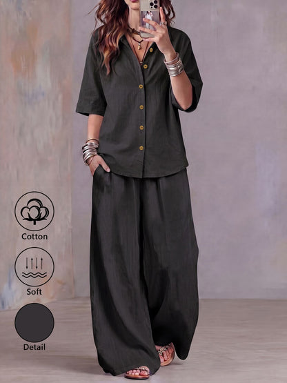 Women’s Lightweight Lapel Top & Elastic-Waist Wide-Leg Pants Set