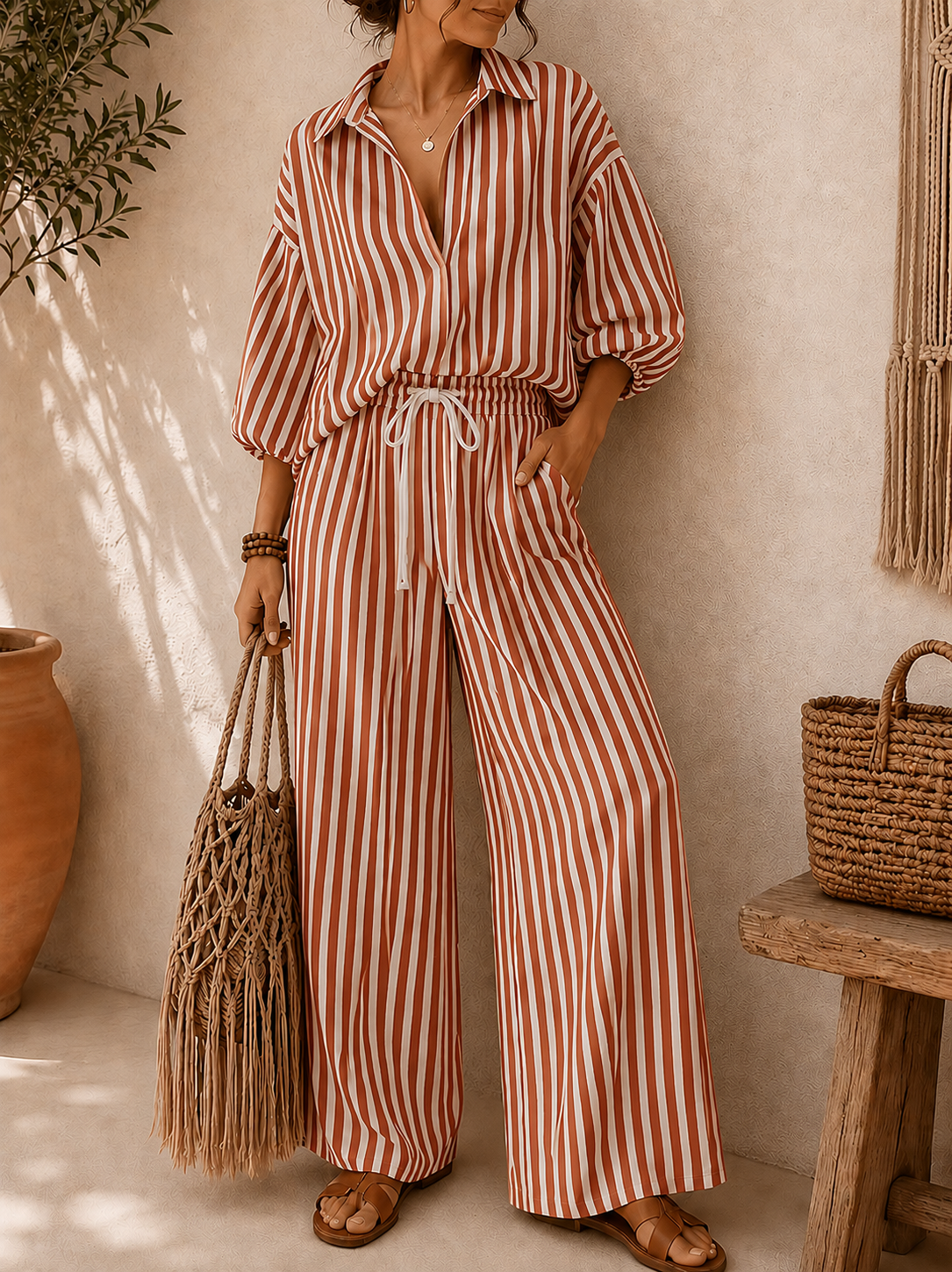 Women’s Striped Lapel Shirt & Relaxed Pants Co-Ord Set