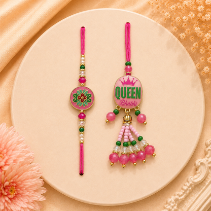Pink Queen Bhabhi Rakhi & Bhai Rakhi Set