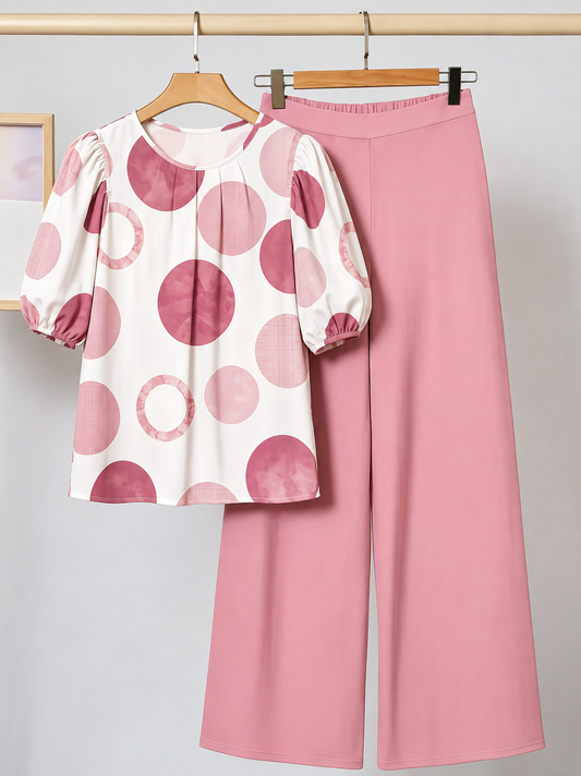 Women’s Comfortable Casual Pullover Top & Wide-Leg Pants 2-Piece Outfit