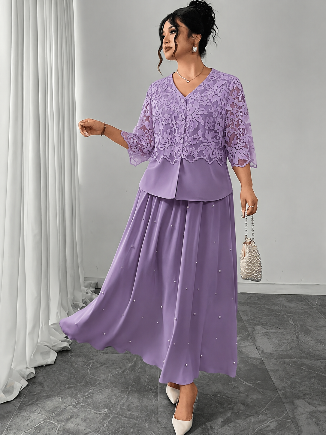Women’s Plus Size Lace Patchwork Top & Beaded Skirt 2-Piece Outfit