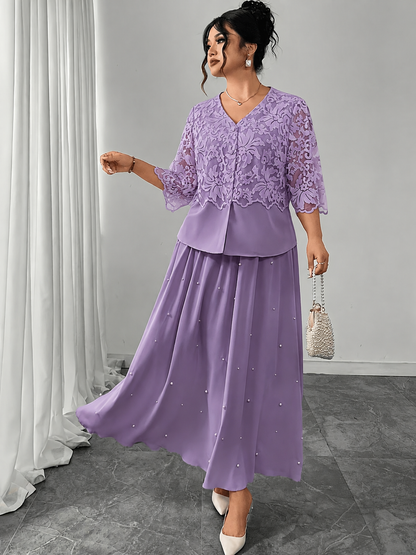 Women’s Plus Size Lace Patchwork Top & Beaded Skirt 2-Piece Outfit