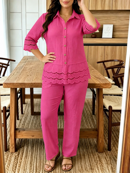 Plus Size Women’s Lace Patchwork Blouse & Wide-Leg Pants Co-Ord Outfit