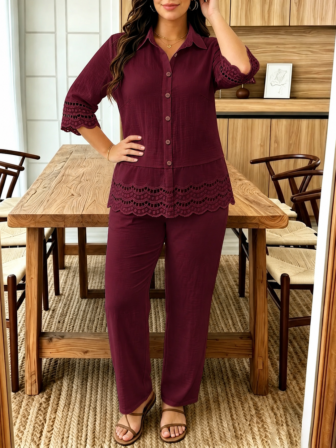 Plus Size Women’s Lace Patchwork Blouse & Wide-Leg Pants Co-Ord Outfit