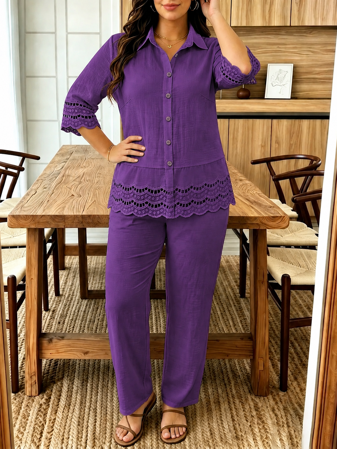 Plus Size Women’s Lace Patchwork Blouse & Wide-Leg Pants Co-Ord Outfit