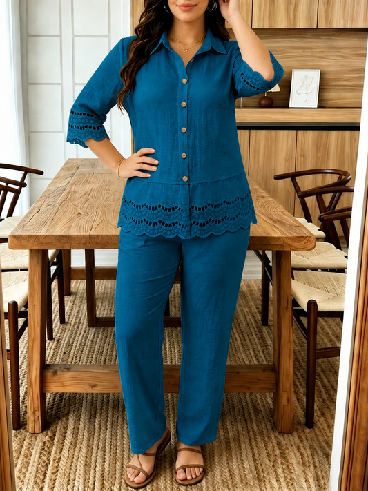 Plus Size Women’s Lace Patchwork Blouse & Wide-Leg Pants Co-Ord Outfit