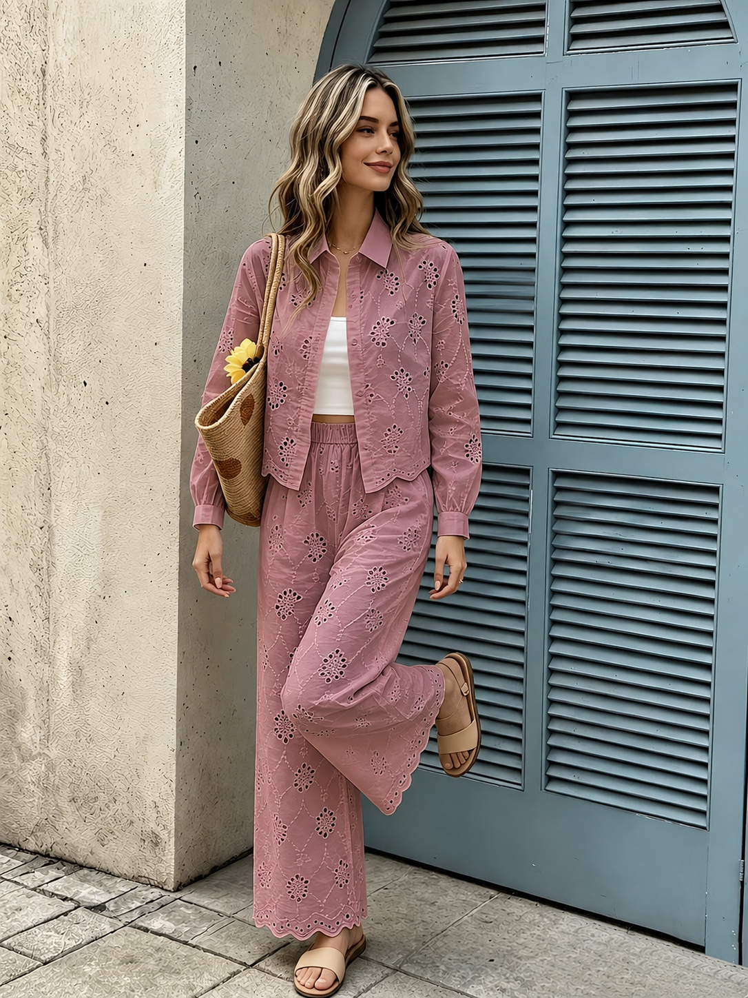 Women’s French-Inspired Embroidered Blouse & Ruffled Wide-Leg Trousers Co-Ord