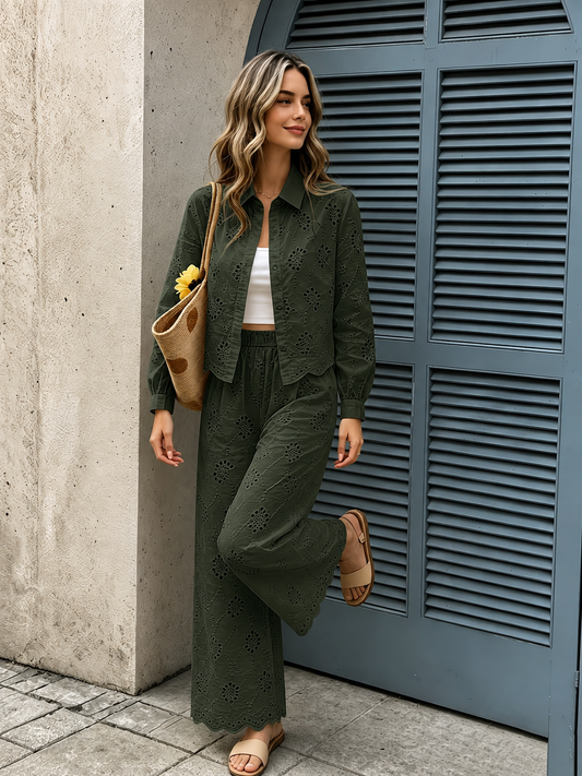 Women’s French-Inspired Embroidered Blouse & Ruffled Wide-Leg Trousers Co-Ord
