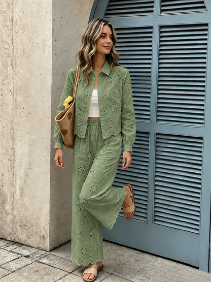 Women’s French-Inspired Embroidered Blouse & Ruffled Wide-Leg Trousers Co-Ord