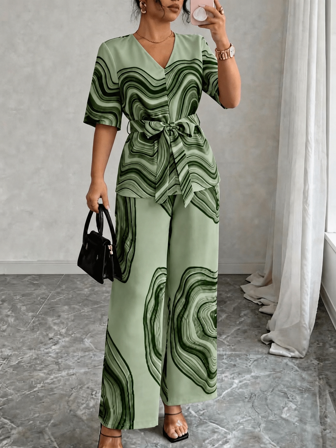 Women’s Wave Print Lace-Up V-Neck Top & Wide-Leg Pants Set