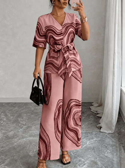 Women’s Wave Print Lace-Up V-Neck Top & Wide-Leg Pants Set