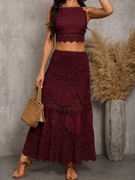 Plus Size Crochet Hollow-Out High-Waisted Midi Skirt