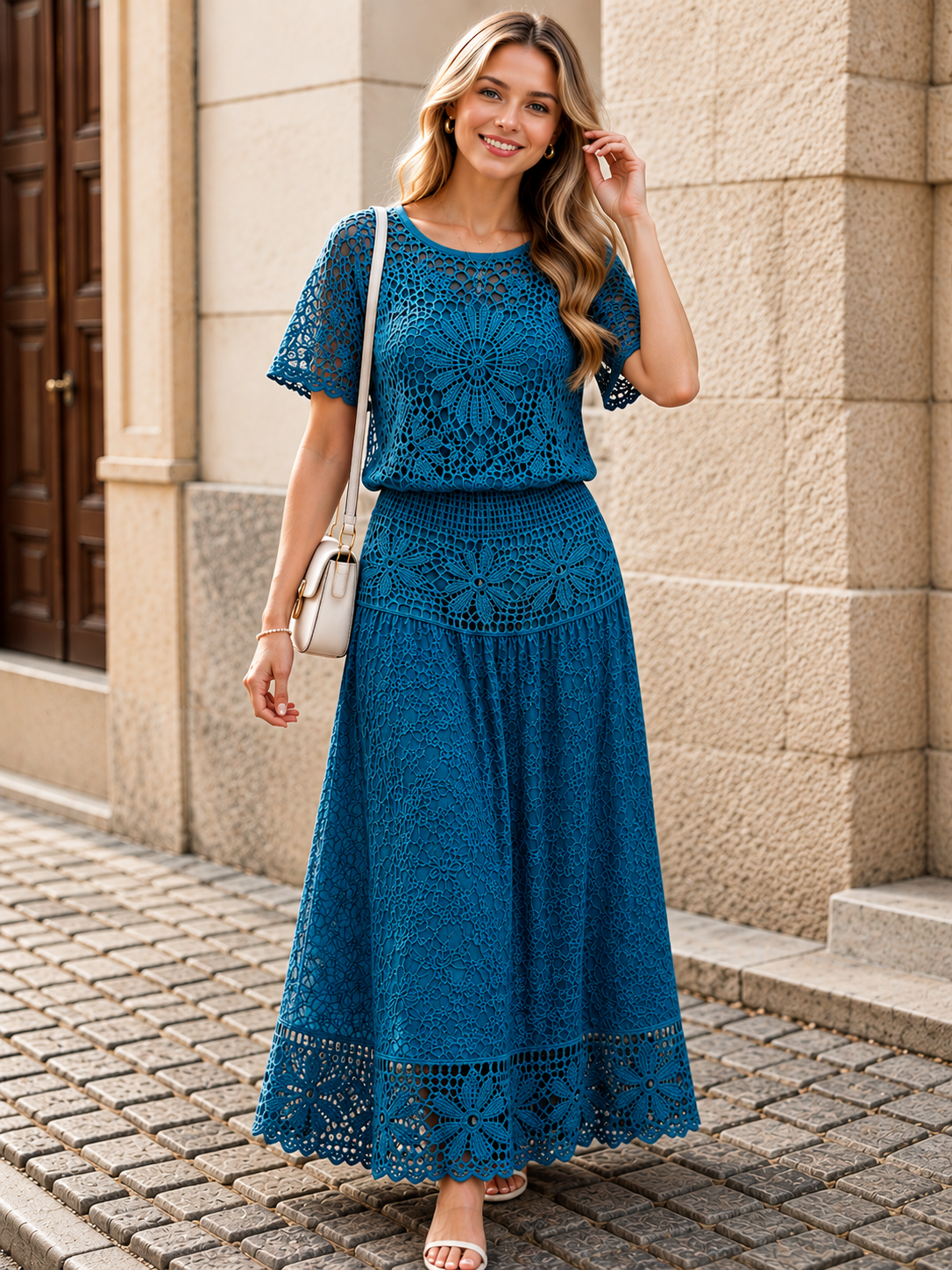 Women’s Elegant Crochet Lace Blouse & Midi Skirt Set
