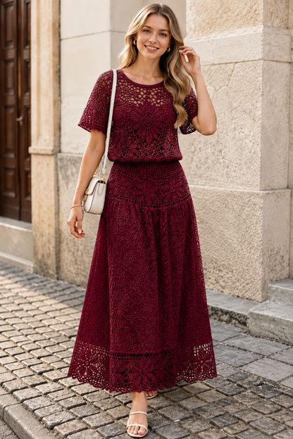 Women’s Elegant Crochet Lace Blouse & Midi Skirt Set