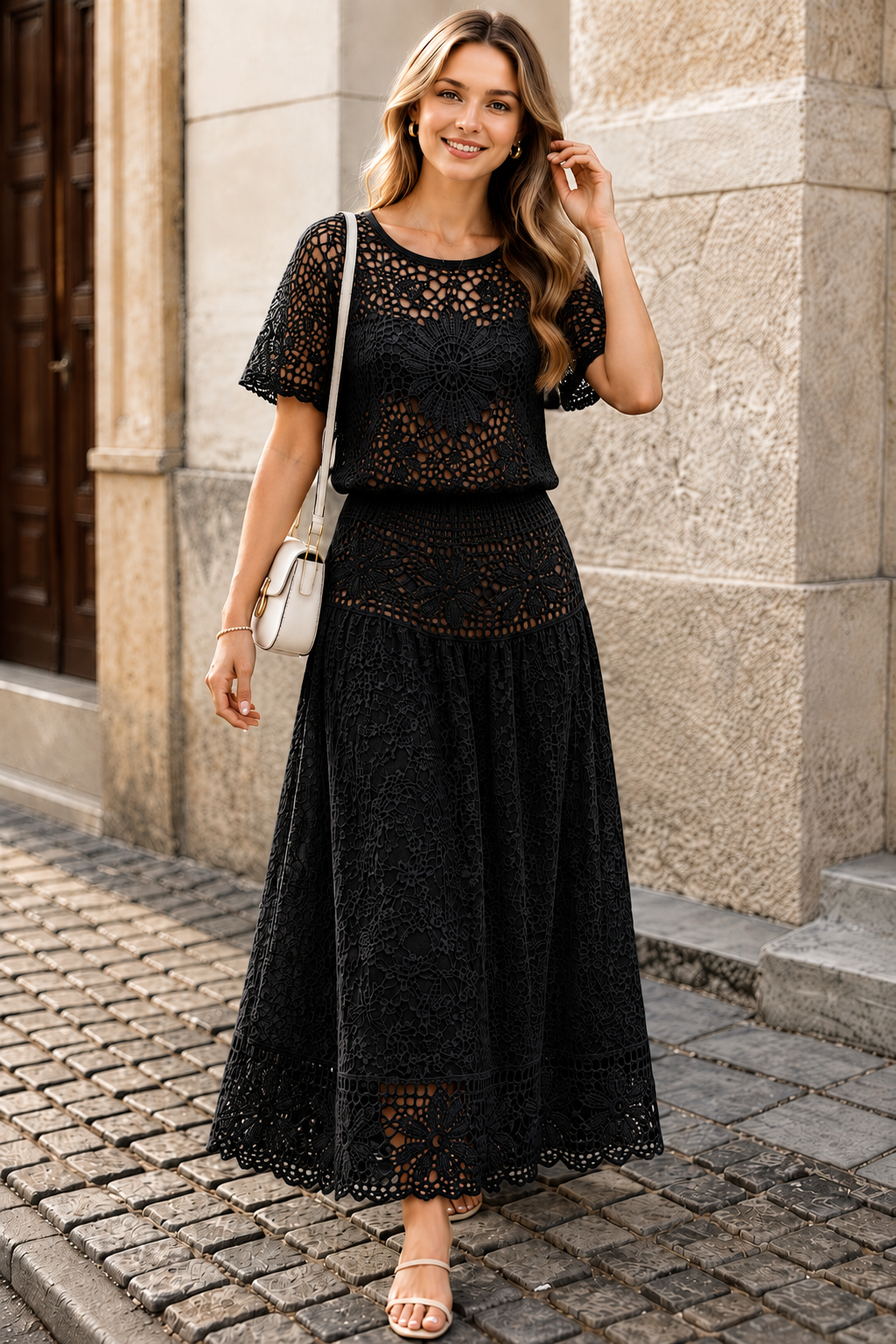 Women’s Elegant Crochet Lace Blouse & Midi Skirt Set