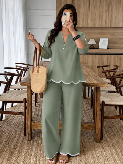 Plus Size Women’s Short-Sleeve V-Neck Top & Relaxed Pants Set