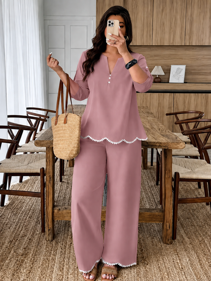 Plus Size Women’s Short-Sleeve V-Neck Top & Relaxed Pants Set