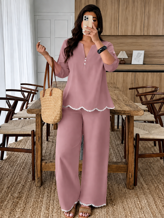 Plus Size Women’s Short-Sleeve V-Neck Top & Relaxed Pants Set
