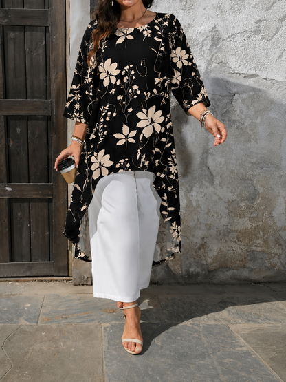 Plus Size Women’s Printed Long Top & Solid Pants Two-Piece Set
