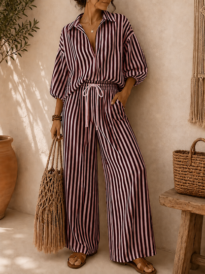 Women’s Striped Lapel Shirt & Relaxed Pants Co-Ord Set