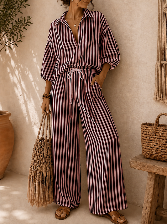 Women’s Striped Lapel Shirt & Relaxed Pants Co-Ord Set