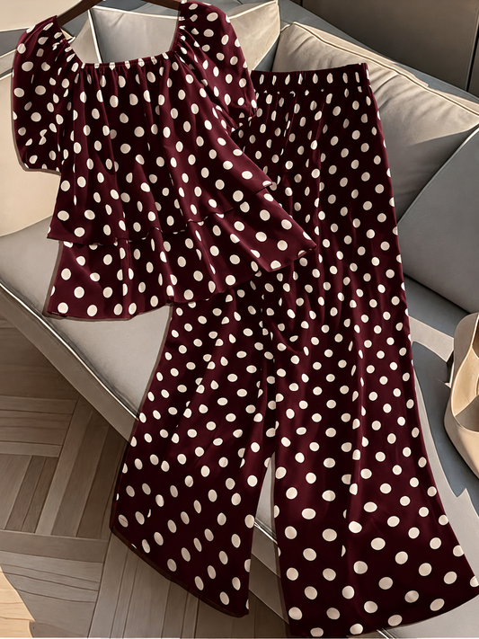 Plus Size Women’s French-Inspired Polka Dot Blouse & Elastic Waist Pants Set