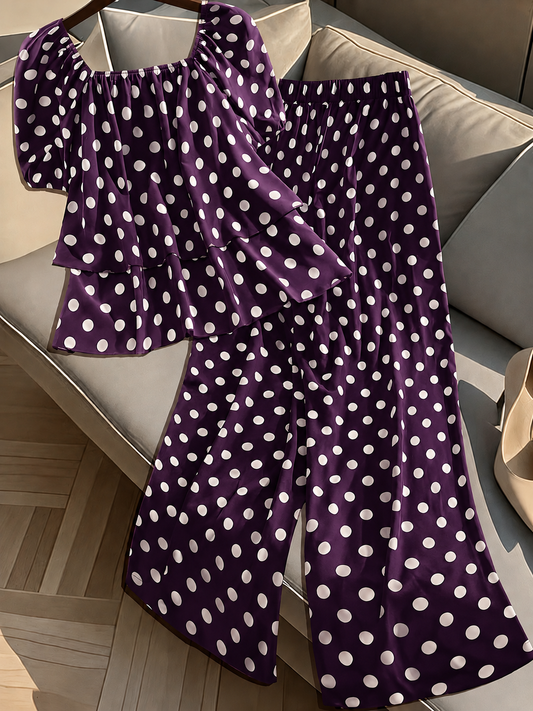 Plus Size Women’s French-Inspired Polka Dot Blouse & Elastic Waist Pants Set