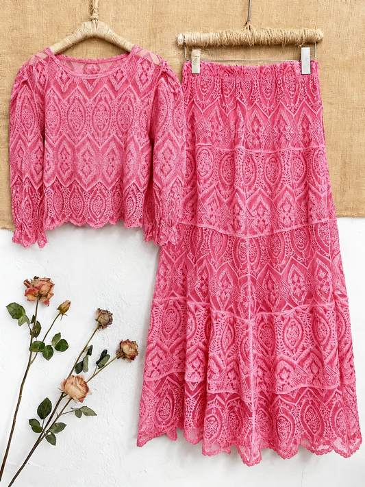 Women's Premium Semi-Sheer Sleeve Top & Midi Skirt Set