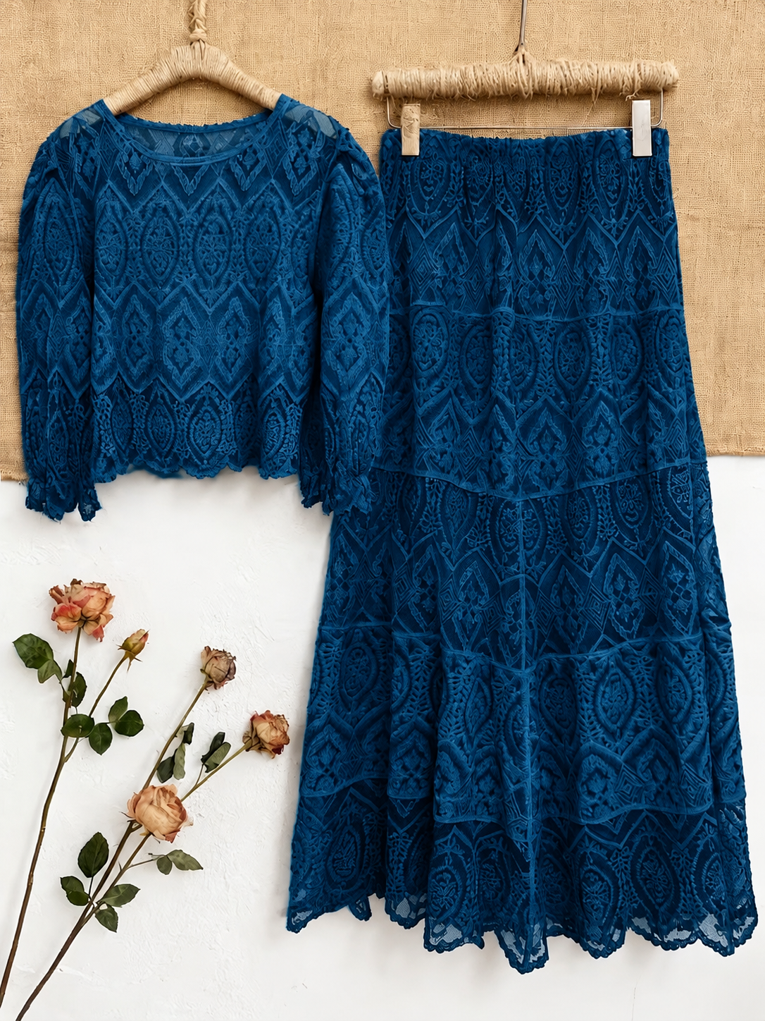 Women's Premium Semi-Sheer Sleeve Top & Midi Skirt Set