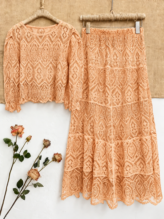 Women's Premium Semi-Sheer Sleeve Top & Midi Skirt Set