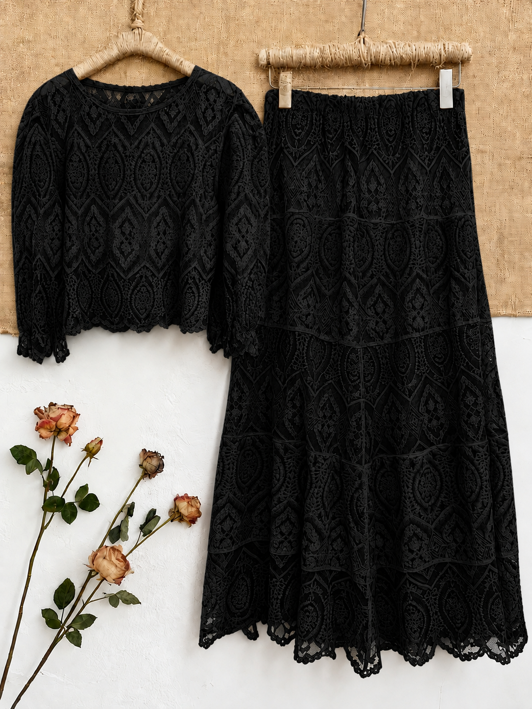 Women's Premium Semi-Sheer Sleeve Top & Midi Skirt Set