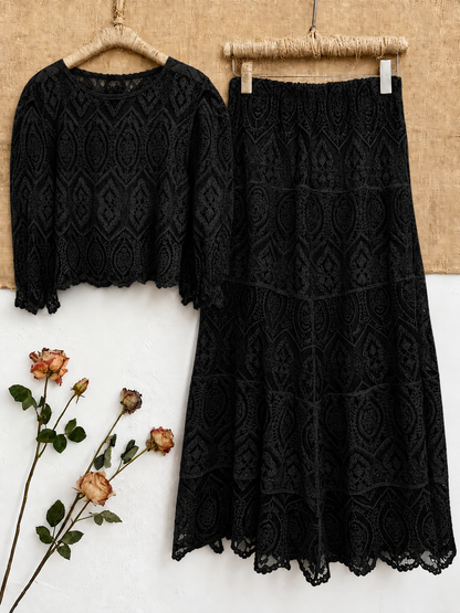 Women's Premium Semi-Sheer Sleeve Top & Midi Skirt Set