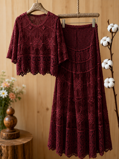 Women's Luxury French-Inspired Lace Top & Midi Skirt Set