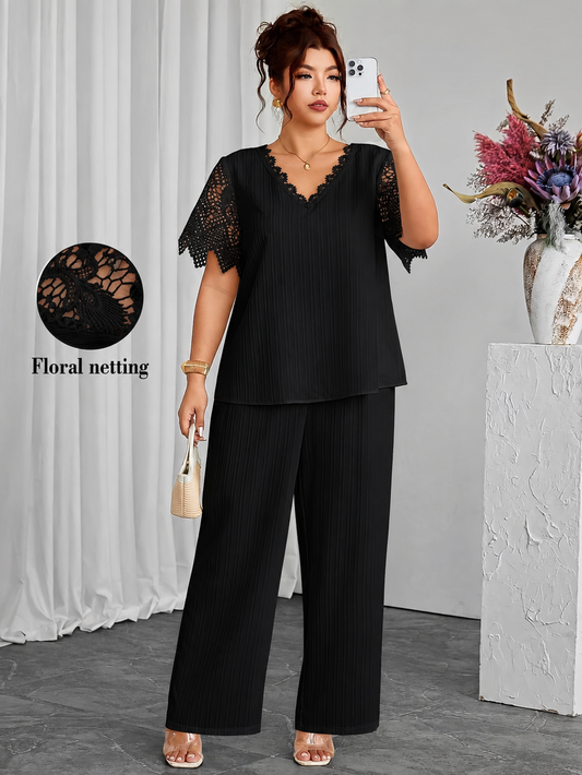 Plus Size Women's Hollow Lace Sleeve Top & Pants Set
