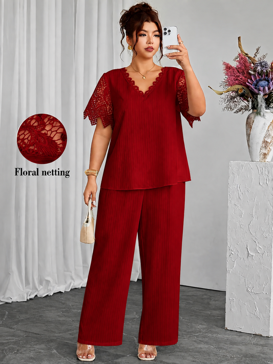 Plus Size Women's Hollow Lace Sleeve Top & Pants Set