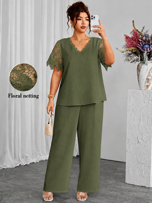 Plus Size Women's Hollow Lace Sleeve Top & Pants Set