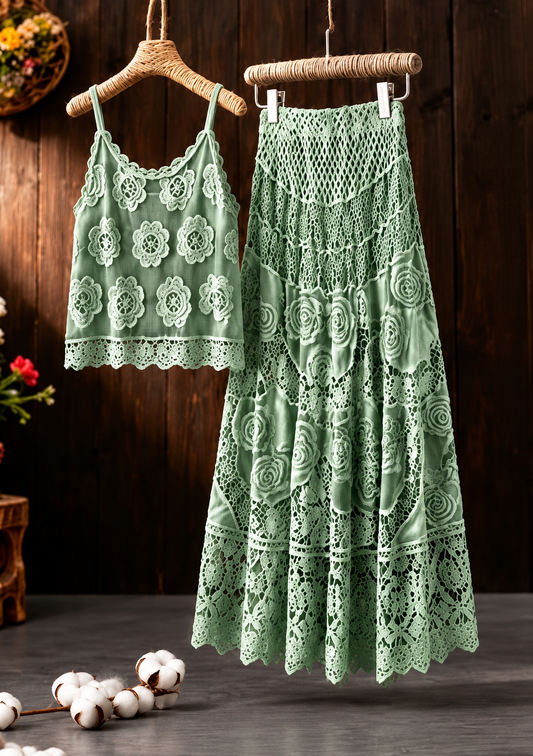 Women's Vintage Embroidered Cami & Midi Skirt Co-Ord Set