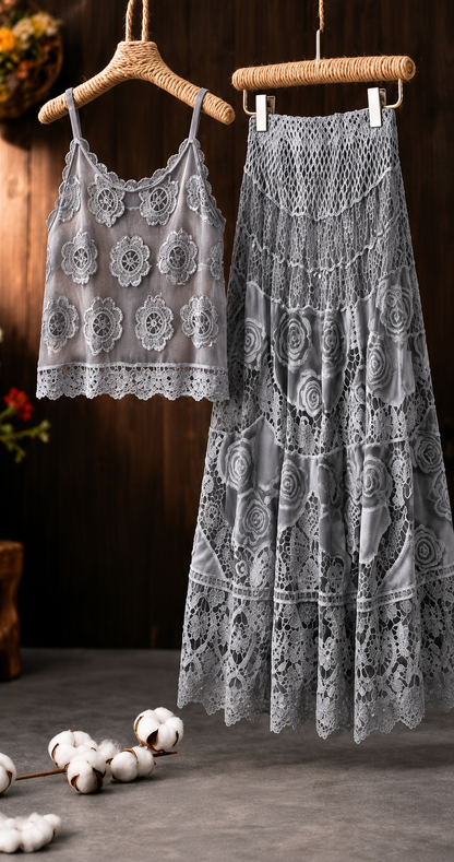 Women's Vintage Embroidered Cami & Midi Skirt Co-Ord Set