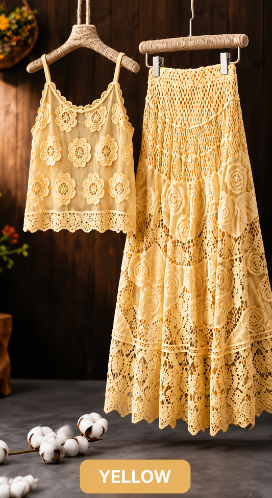 Women's Vintage Embroidered Cami & Midi Skirt Co-Ord Set