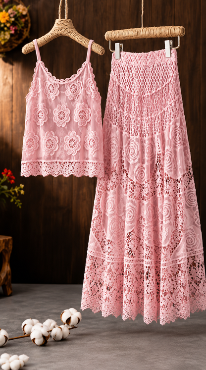 Women's Vintage Embroidered Cami & Midi Skirt Co-Ord Set