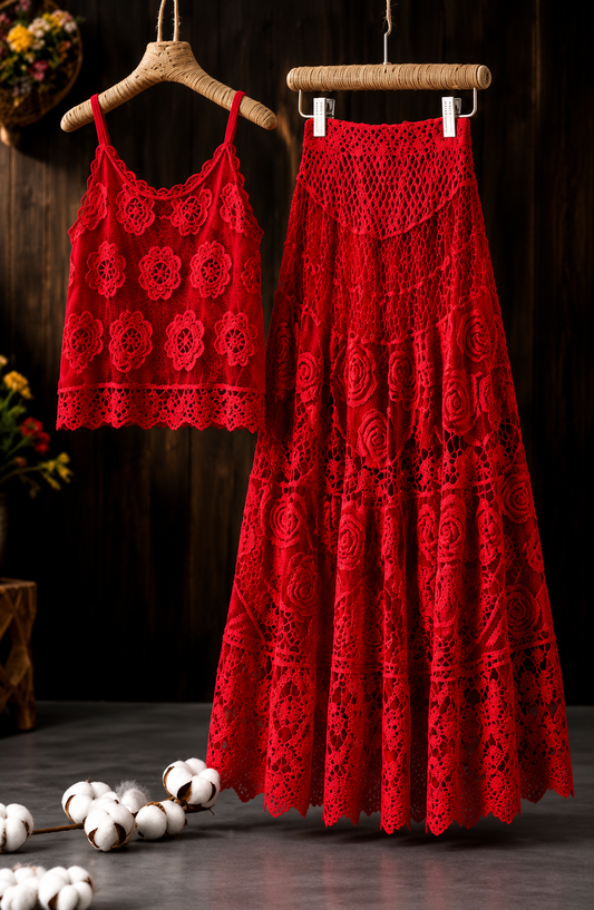 Women's Vintage Embroidered Cami & Midi Skirt Co-Ord Set