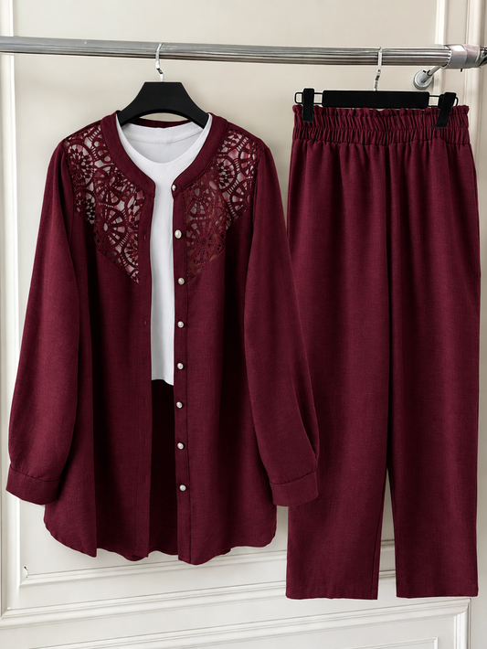 Plus Size Women’s Lace Detail Shirt & Loose Pants Co-Ord