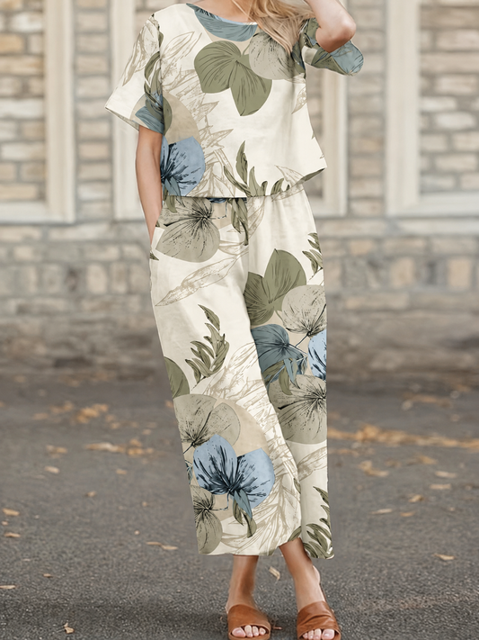 Women’s Casual Botanical Print Shirt & Wide-Leg Pants Set