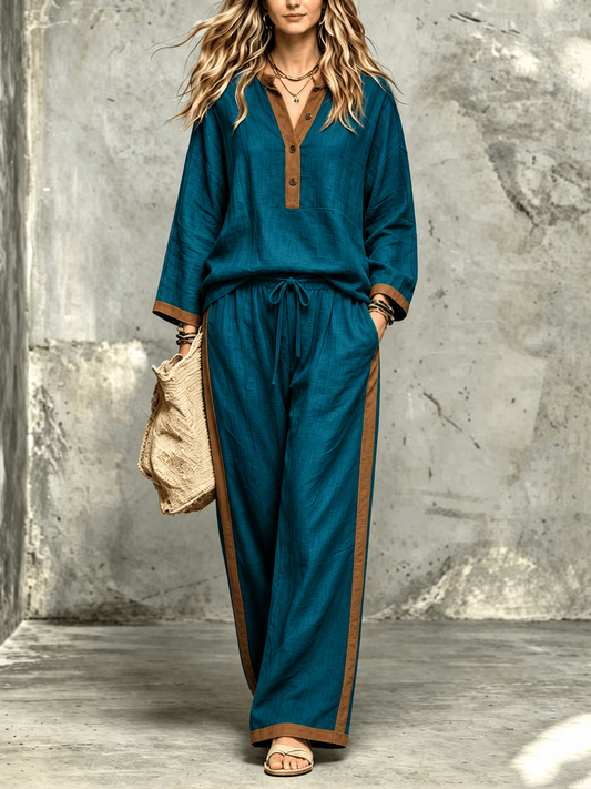 Women’s Stylish V-Neck Top & Relaxed Wide-Leg Pants Set