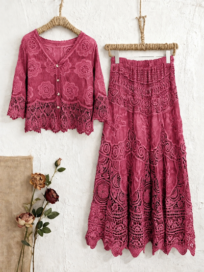 Women’s Elegant Button-Front Shirt & Flowing Long Skirt Outfit